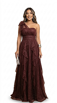Vestido de Festa Longo Tule Ombro Único Madrinha Formatura Glitter - Marsala Rose Lavender Preto Verde