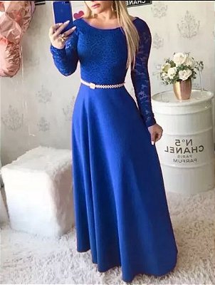 Vestido Azul Royal Godê Manga Longa Madrinha casamento Formatura
