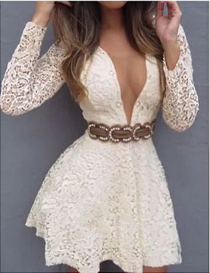 Vestido Curto Feminino Branco Manga Longa Festa balada em Renda