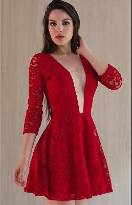 Vestido Curto Feminino Vermelho Manga Longa Festa balada em Renda