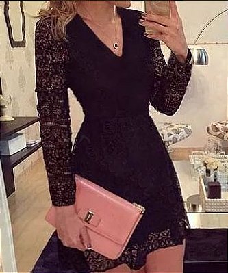 Vestido Curto Preto Rodado Renda Manga longa Festa Madrinha casamento