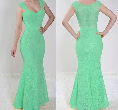 Vestido madrinha Casamento festa Renda Longo Sereia Verde Tiffany