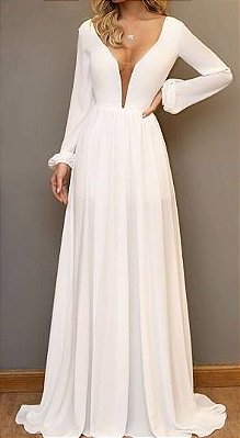 Vestido Madrinha Casamento Formatura Decote V Manga Longa Branco