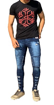Calça masculina Jeans  Rasgada destroyed Azul Slim skinny  Zíper Lycra