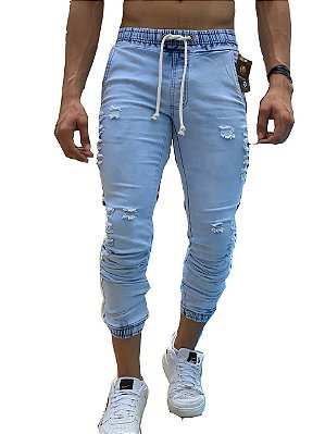Calça Jeans Masculina Slim Fit Rasgada destroyed Cordão Super Skinny Com Lycra