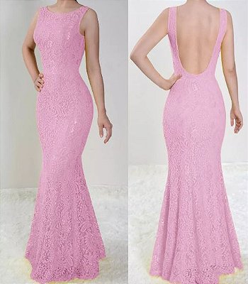 Vestido Rosé Longo Festa Sereia Madrinha Casamento Renda Costa nua
