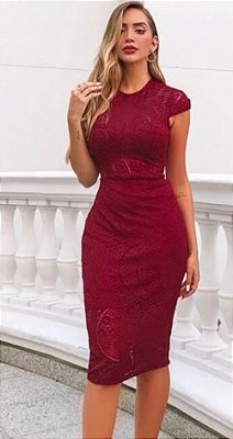 Vestido de festa Midi marsala Evangélico Formatura Sereia Manga curta