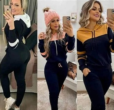 conjunto Feminino calça Blusa manga longa capuz preto com Rosa