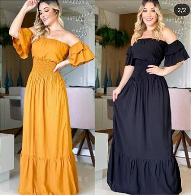 Vestido Longo Casual Festa Manga canoa Mostarda