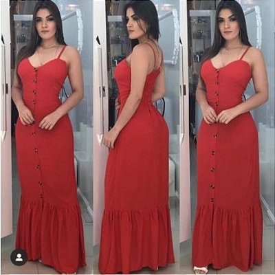 Vestido Longo Casual Festa Babado Com Botões vermelho