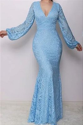 Vestido Azul Serenity Manga longa Renda Madrinha Casamento Formatura