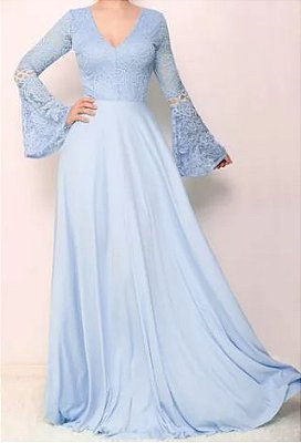 Vestido Azul Serenity Manga longa  Renda Madrinha Casamento Formatura