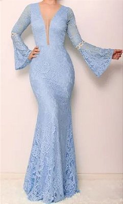 Vestido Azul Serenity Manga Flare  Renda Madrinha Casamento Formatura