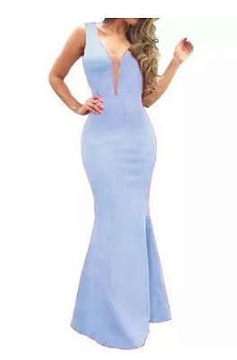 Vestido Longo Azul Serenity Sereia Madrinha Casamento Formatura Decote Tule