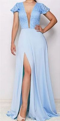 Vestido Longo Azul Serenity Fenda  Madrinha Casamento Formatura Decote V