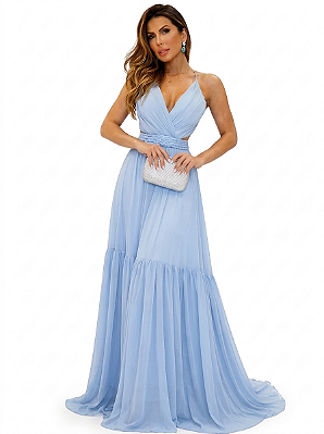 Vestido Longo Azul Serenity Musseline Alças Finas Madrinha Casamento Formatura