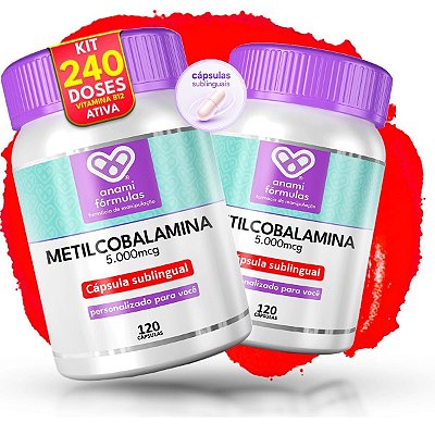KIT 2x VITAMINA B12 METILCOBALAMINA 5000mcg Sublingual - 2 Frascos de 120 Cápsulas - 240 Doses