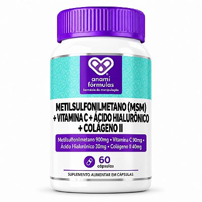 MSM 900mg + VITAMINA C 90mg + COLÁGENO TIPO II 40mg + ÁCIDO HIALURÔNICO 30mg por Dose - 60 Cápsulas - 30 Doses