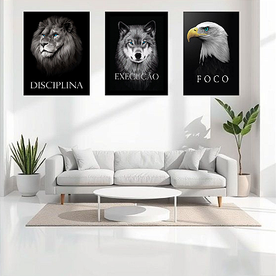 Kit 3 Quadros Decorativos Disciplina Execução e Foco