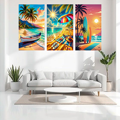 Conjunto de 3 Quadros Decorativos Verão Na Praia