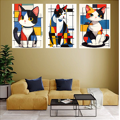 Conjunto de 3 Quadros Decorativos Gato Abstrato