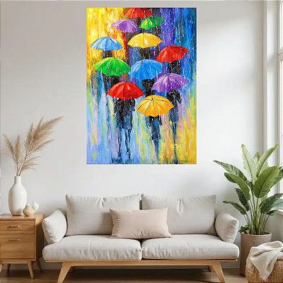 Quadro Decorativo: Dia Chuvoso Colorido - Uma Alegria Na Chuva