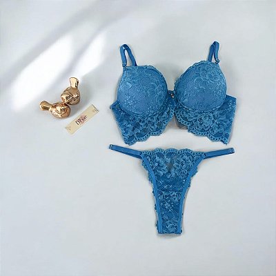 Conjunto Lingerie Renda Tule Azul