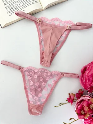Calcinha Fio Duplo Coração Tule Bordado