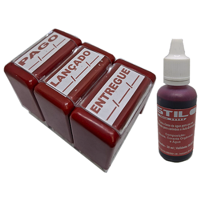 Kit 03 Carimbos PAGO-LANÇADO-ENTREGUE c/ Espaço data + Tubo de Tinta Vermelho