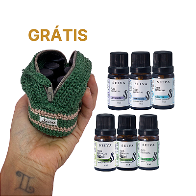 Combo Óleos Essenciais + Grátis Bolsinha de Crochê - OE Lavanda, Hortelã Pimenta, Alecrim, Capim Limão, Tea Tree e Eucalípto