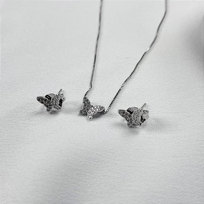 CONJUNTO BORBOLETAS COLAR BRINCO E ANEL - PRATA 925