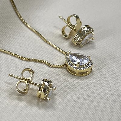 CONJUNTO GOTA CRISTAL NO DOURADO - SEMIJOIA