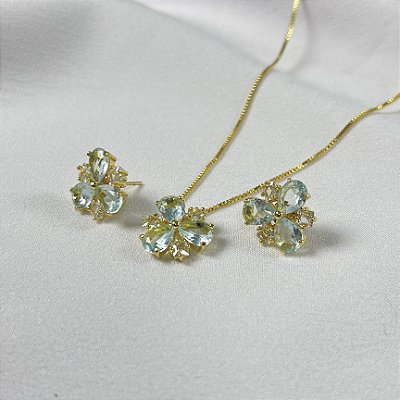 CONJUNTO FLOR CRAVEJADA AZUL CLARO - SEMIJOIA