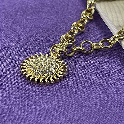PULSEIRA ELO PORTUGUES SOL CRAVEJADO NO DOURADO - SEMIJOIA