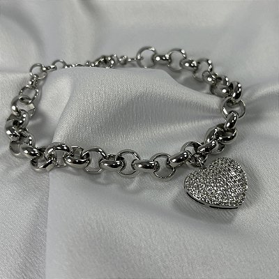 PULSEIRA ELOS BERLOQUE COM CORAÇÃO CRAVEJADO - PRATA 925