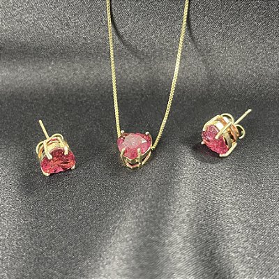 CONJUNTO CORAÇÃO CRISTAL VERMELHO - SEMIJOIA
