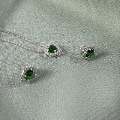 CONJUNTO PONTO DE LUZ CORAÇÃO LUXO VERDE - PRATA 925