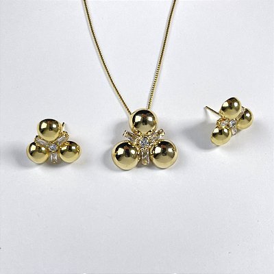 COJUNTOS MEIA PEROLA E PEDRAS NO DOURADO - SEMIJOIA