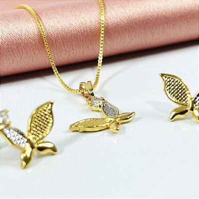 CONJUNTO BORBOLETAS DOURADAS COM PRATA - SEMIJOIA