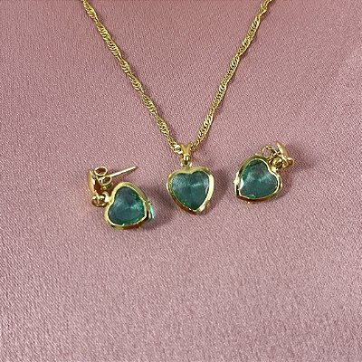 CONJUNTO COLAR E BRINCO PEDRA CORAÇÃO VERDE ÁGUA - SEMIJOIA