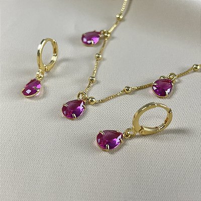 CONJUNTO COLAR VENEZIANAS E PEDRA ZIRCONIA PINK NO DOURADO - SEMIJOIA