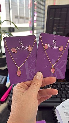 CONJUNTO GOTA CINTILIANTE ROSA - SEMIJOIA