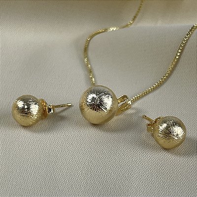 CONJUNTO PEROLAS RISCADAS DOURADAS - SEMIJOIA