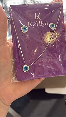 CONJUNTO PONTO DE LUZ CORAÇÃO LUXO AZUL - PRATA 925