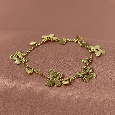 PULSEIRA ELOS COM BORBOLETAS E CORAÇÕES NO DOURADO - SEMIJOIA