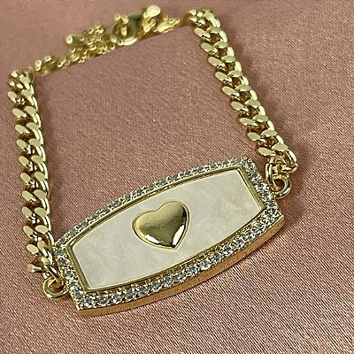 PULSEIRA ELOS COM CHAPA CORAÇÃO ZIRONIA NO DOURADO - SEMIJOIA