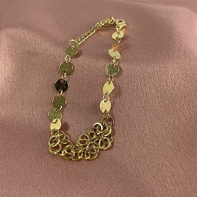 PULSEIRA ELOS REDONDOS COM PLAQUINHAS NO DOURADO - SEMIJOIA