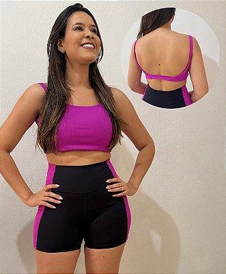 Conjunto Fitness Short e Top - Black & Pink com Decote nas Costas