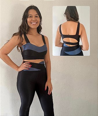 Conjunto Fitness Legging - Black & Blue Metalic (Efeito Modelador)