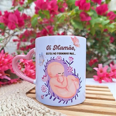 Caneca Personalizada com Asa de Coracão Unykk Arte Mamãe/Papai estou no forninho